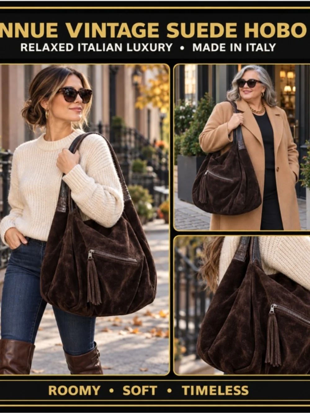 Innue Vintage Italian Suede Chocolate Large Hobo 1990s